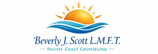 Beverly J. Scott L.M.F.T. logo with orange sun and blue waves above blue text, Pacific Coast Counseling