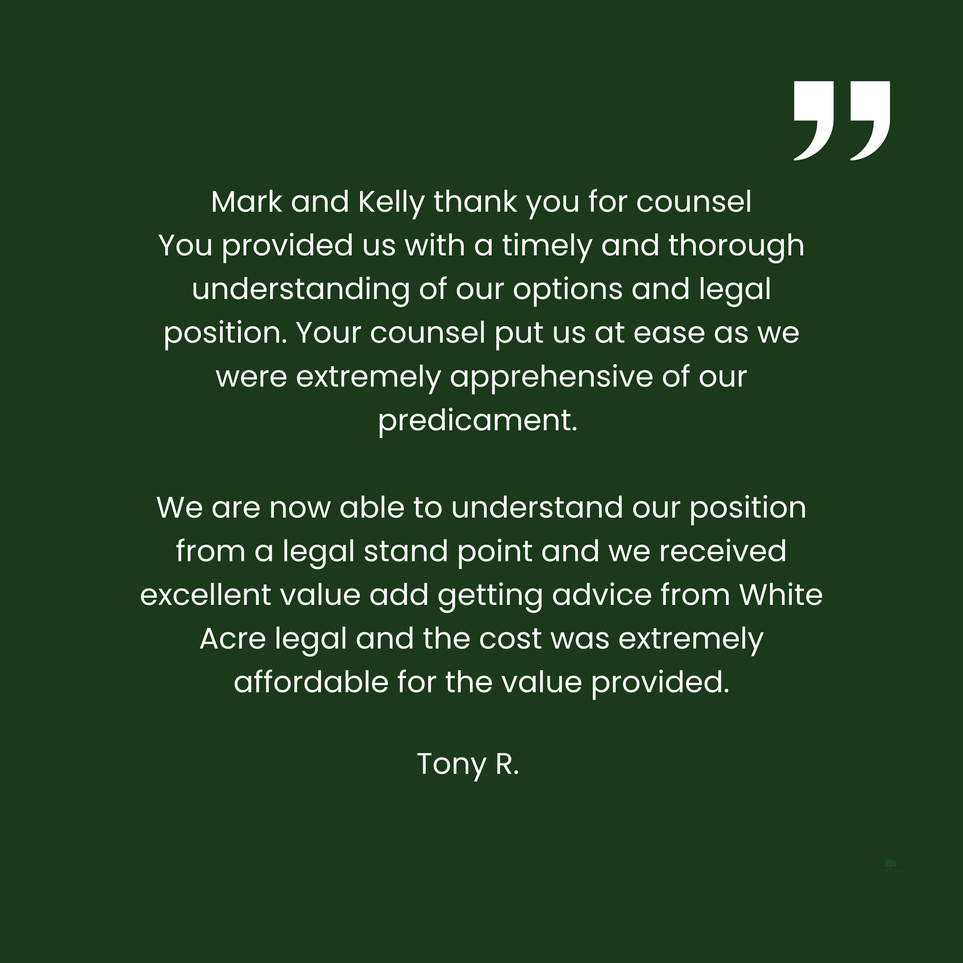 Thank you, Mark and Kelly, for your clear guidance and timely help in understanding our options and legal position.