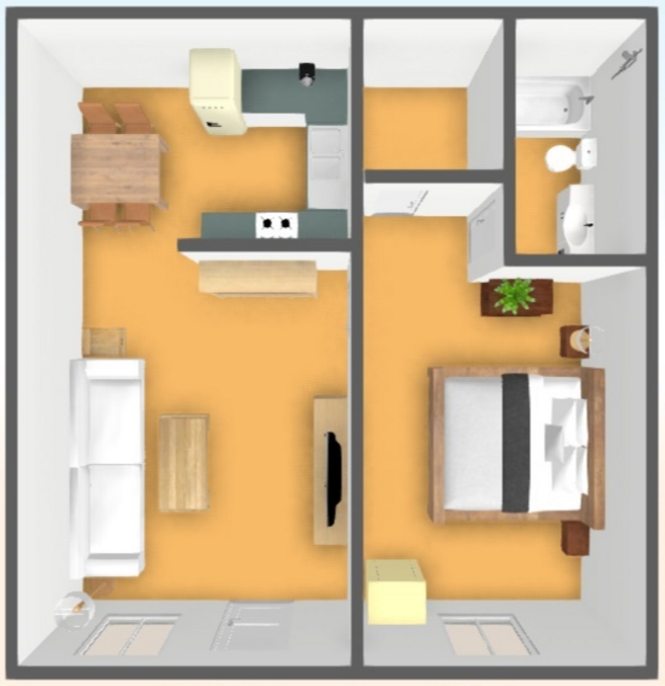 Floor Plan: 1 Bed · 1 Bath · 613 SQ. FT.