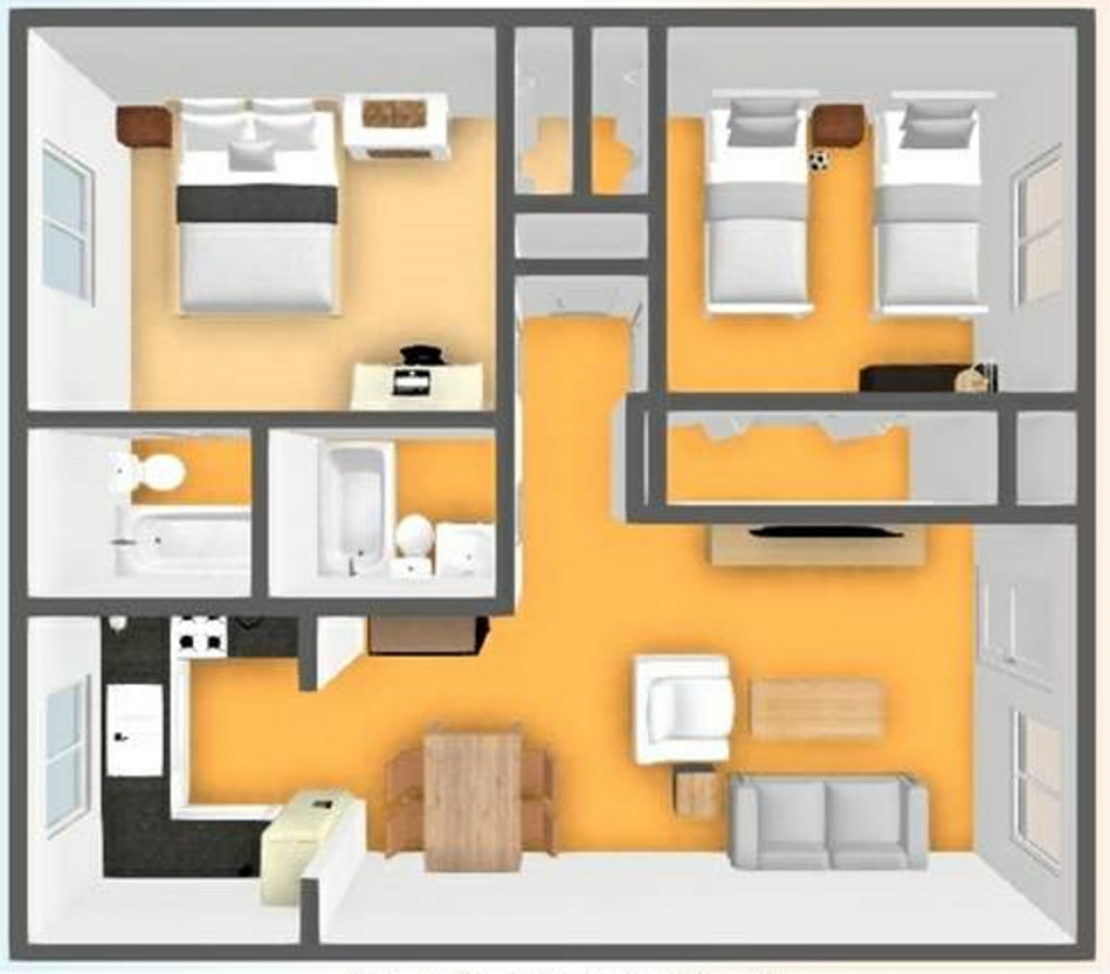 Floor Plan: 2 Bed · 2 Bath · 796 SQ. FT.