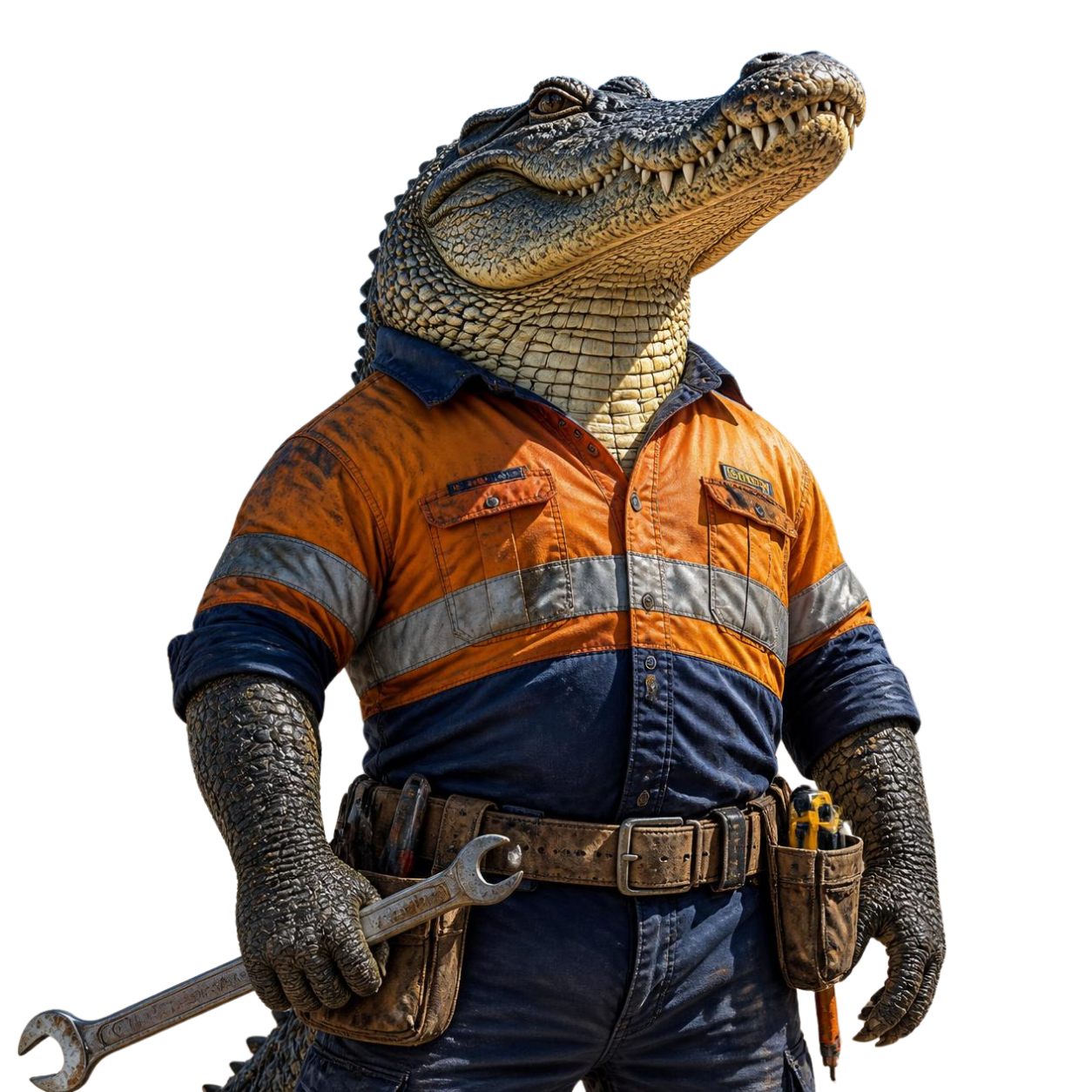Cartoon alligator in an orange work shirt and tool belt, holding a wrench