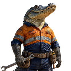 Anthropomorphic alligator in orange and navy workwear, holding a wrench against a white background