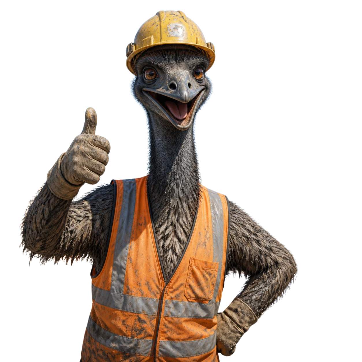 Emu in orange safety vest and yellow hard hat giving a thumbs-up