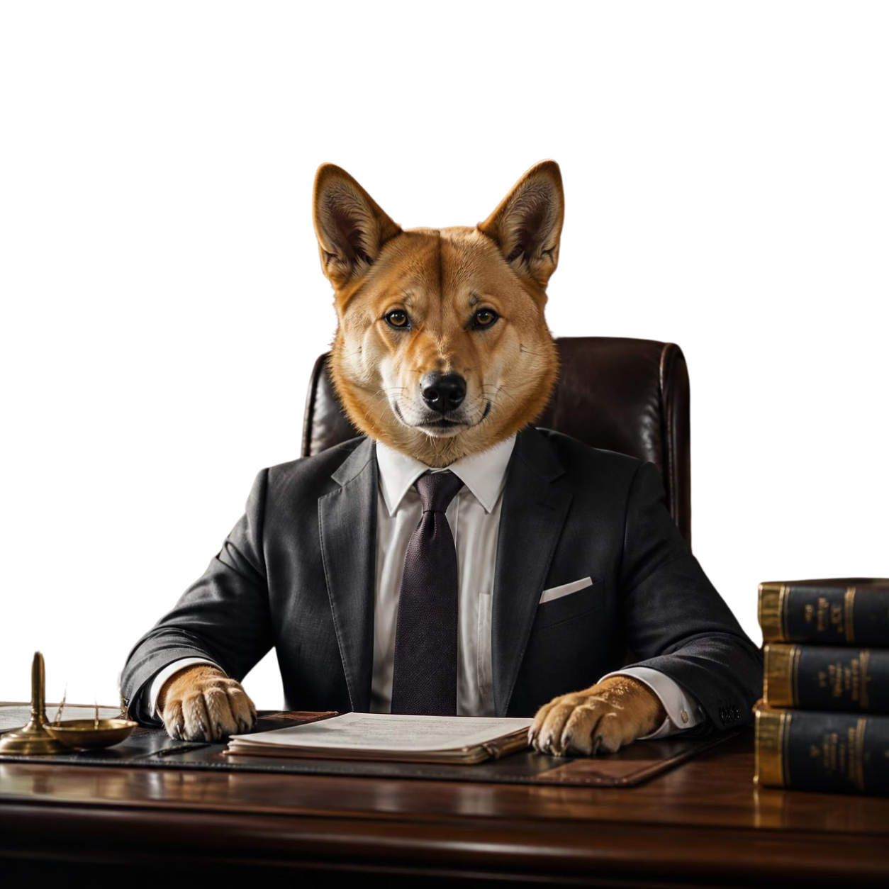 Shiba Inu in a suit seated at a desk with books, like a business executive