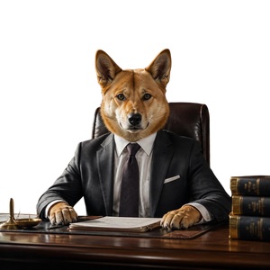 Shiba Inu in a suit seated at a desk in a formal office setting, with books and papers.