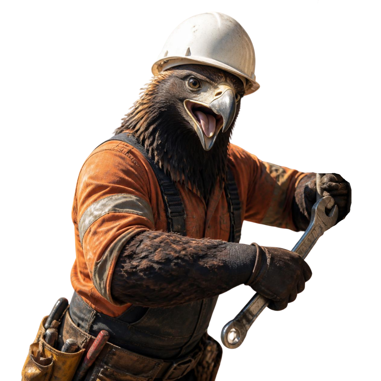 Construction worker bird mascot in orange safety vest and hard hat holding a wrench