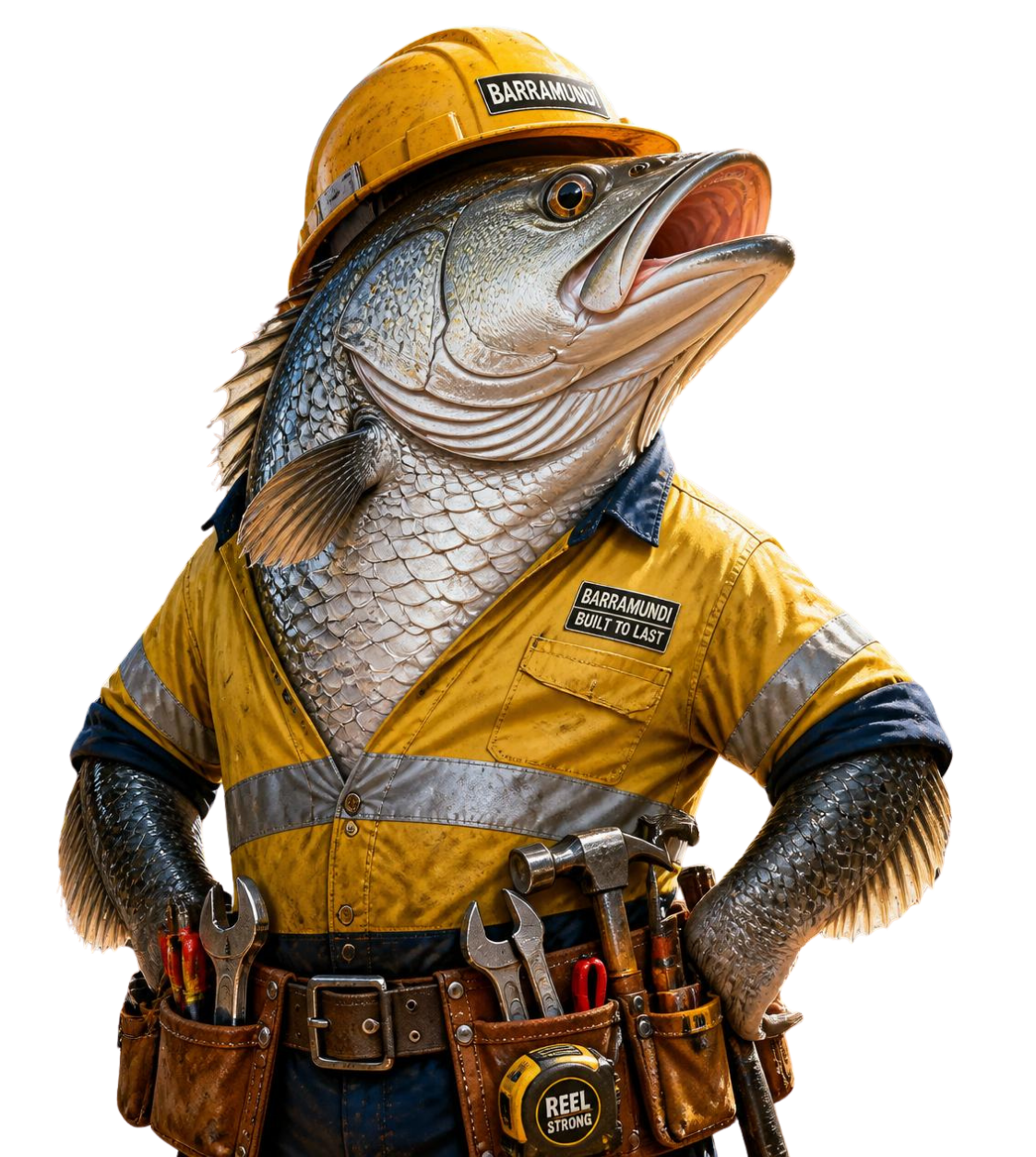 Fish in a yellow hard hat and work vest, posing like a construction worker with hands on hips