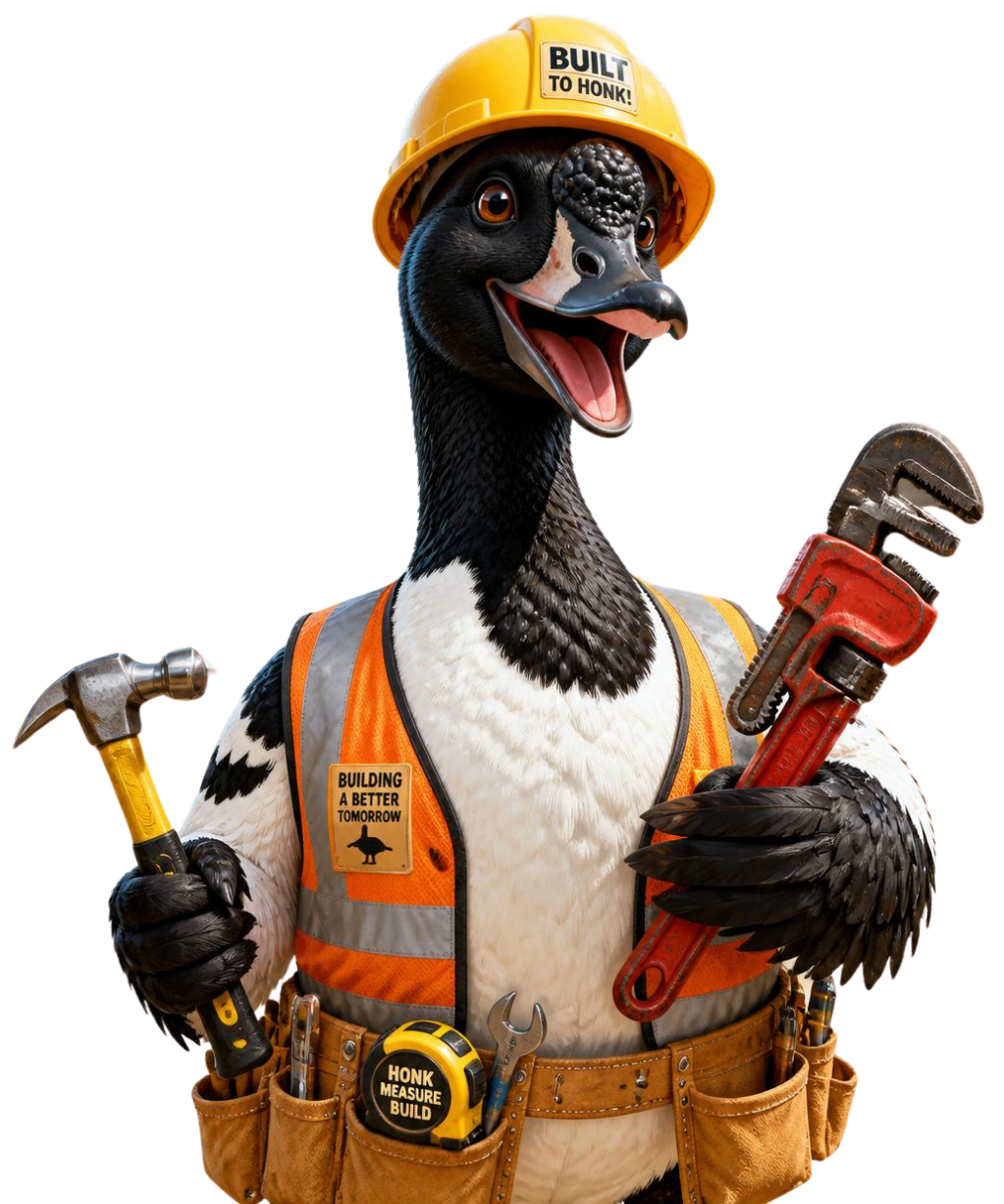 Cartoon bird construction worker wearing a hard hat and tool belt, holding a hammer and wrench