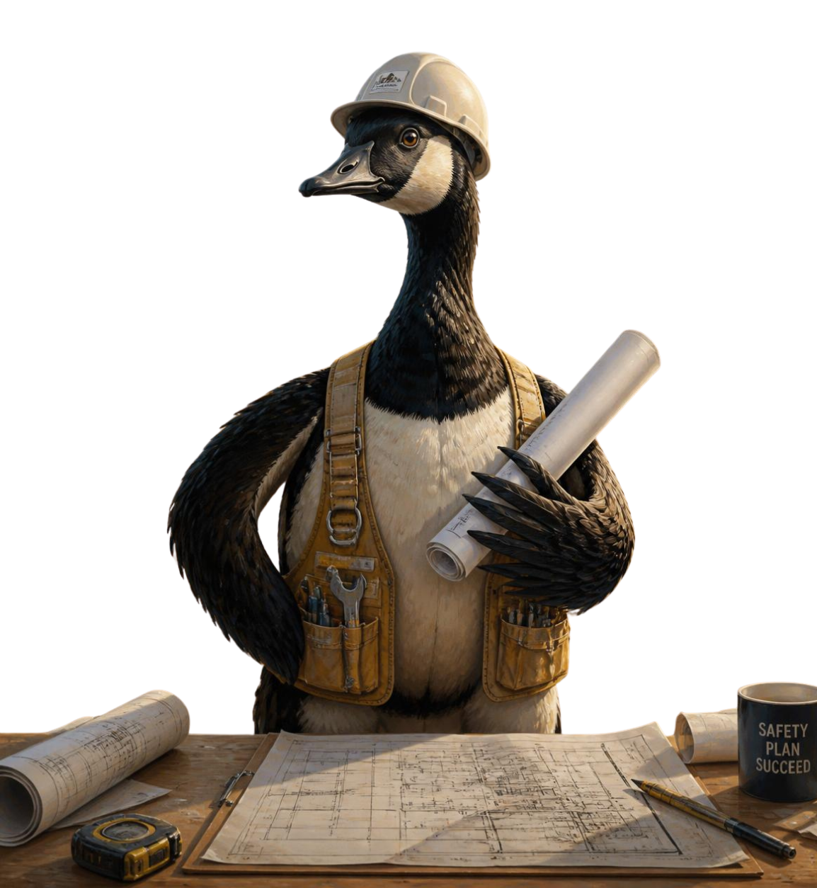 Cartoon goose in a hard hat and utility vest holding blueprints at a desk