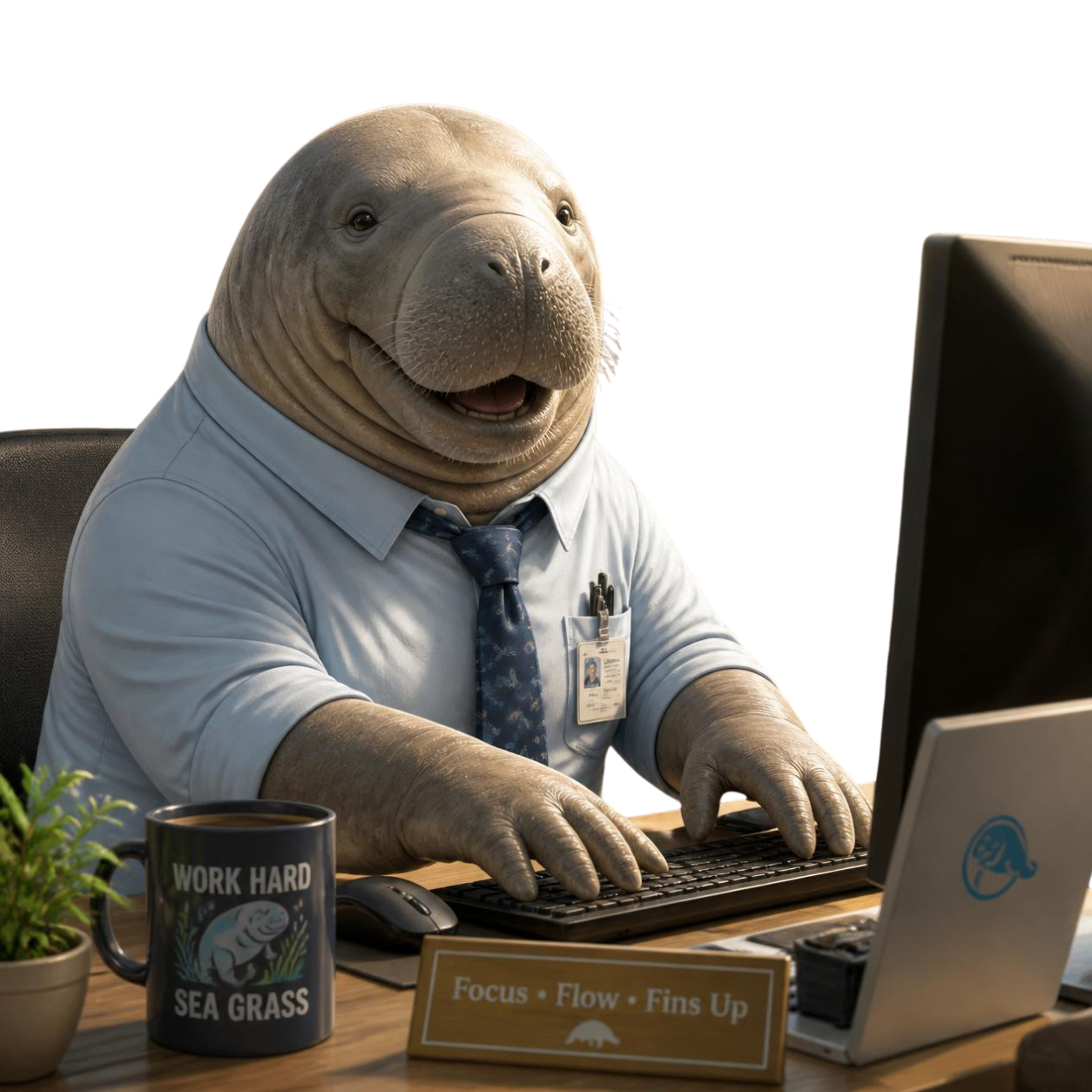 Manatee in a blue shirt and tie typing at a desk with a computer, coffee mug, and plant in an office setting