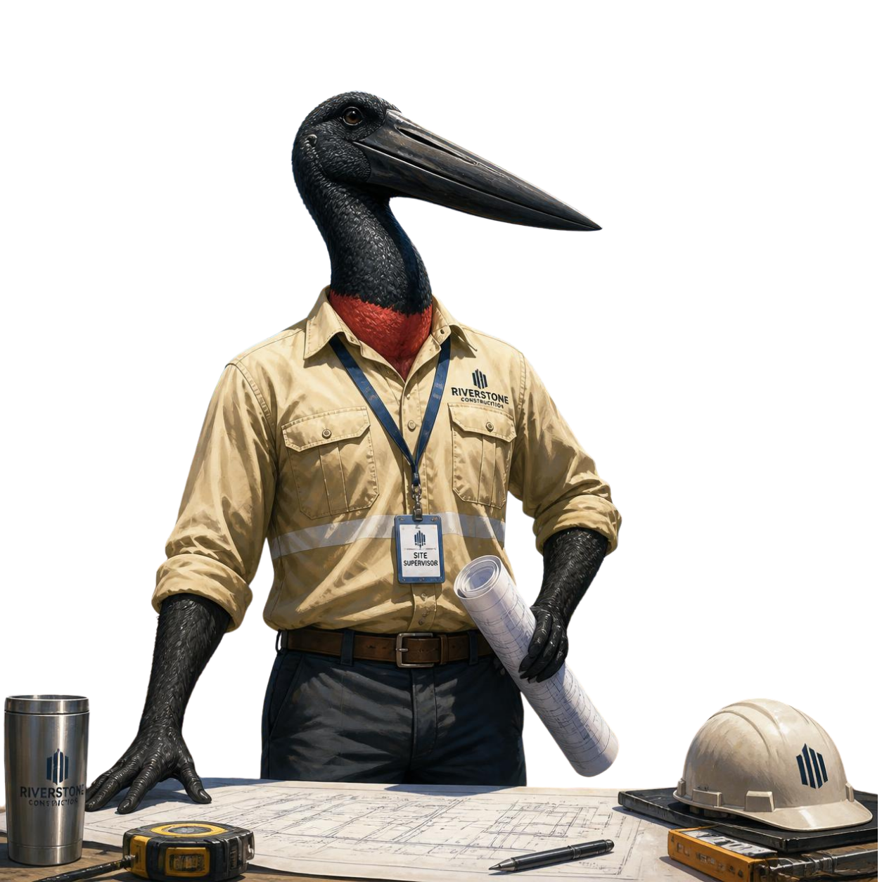 Bird-headed figure in khaki shirt at a desk with blueprints, ID badge, helmet, and tumbler