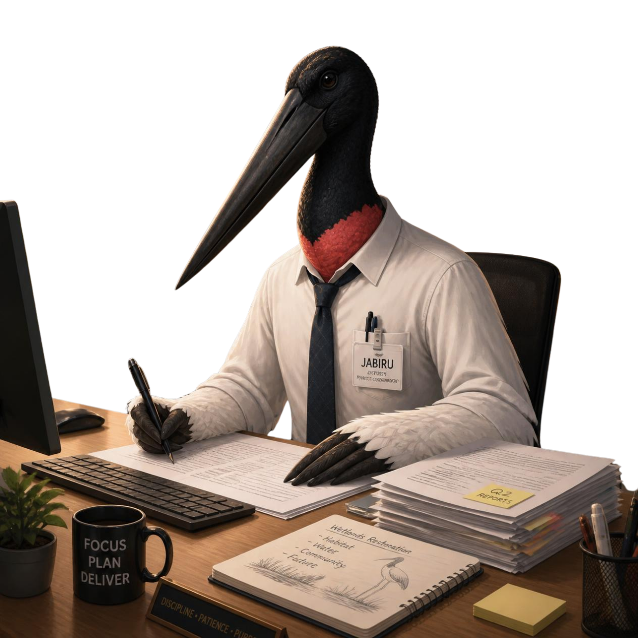 Bird-headed person working at a desk in an office, wearing a white shirt and red neck scarf.