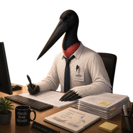 Bird-headed person working at a desk with a keyboard, notebook, and coffee mug in an office setting