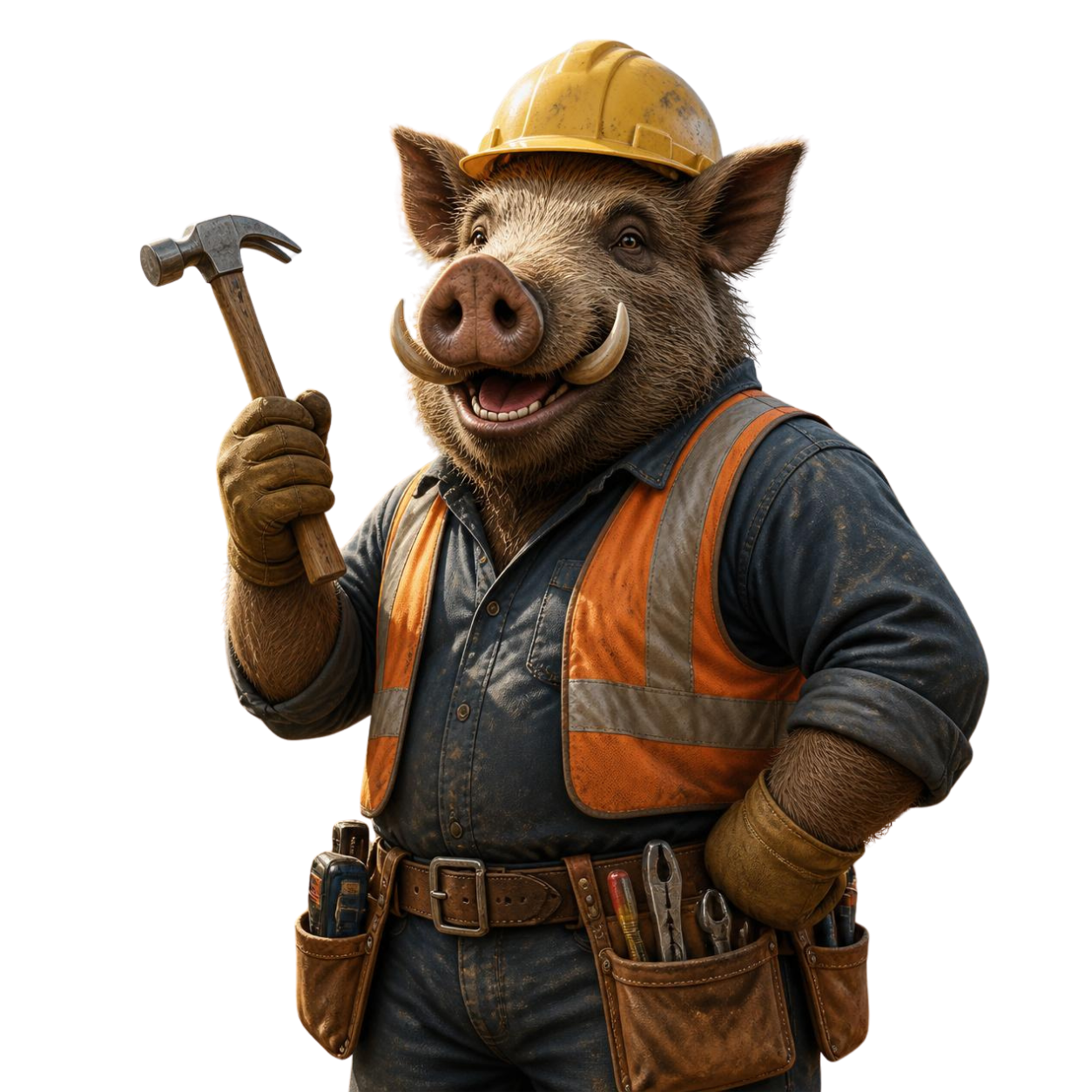 Cartoon boar construction worker wearing a yellow hard hat and orange vest, holding a hammer.