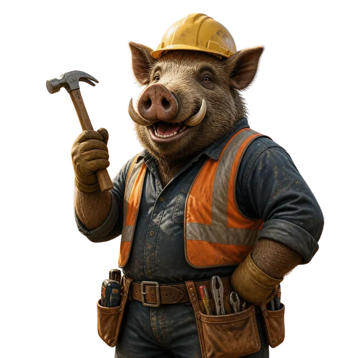 Anthropomorphic boar in a hard hat and orange vest holding a hammer, dressed as a construction worker.