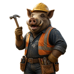 Cartoon boar construction worker in a yellow hard hat and orange vest holding a hammer.
