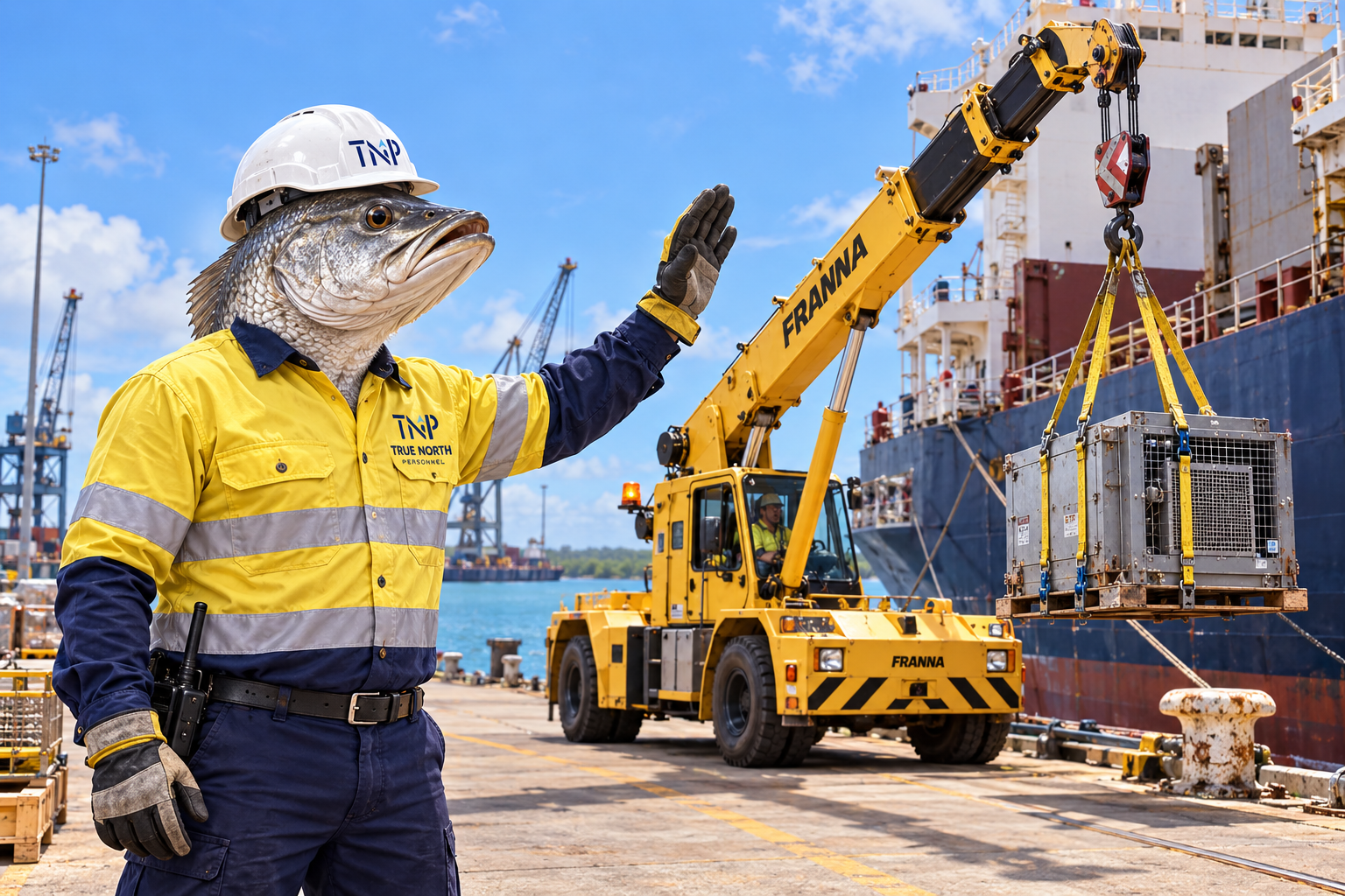Construction worker in yellow safety gear directing a crane lifting equipment at a port