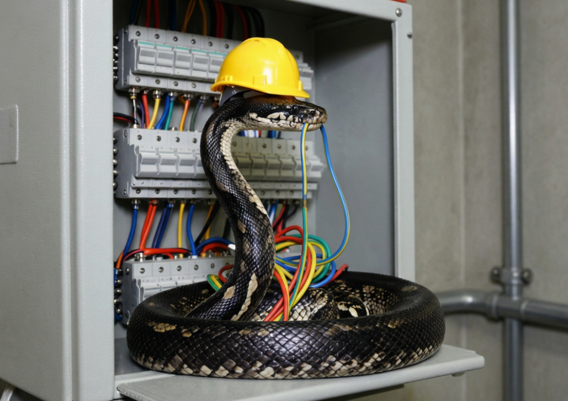 Snake wearing a yellow hard hat inside an electrical panel cabinet