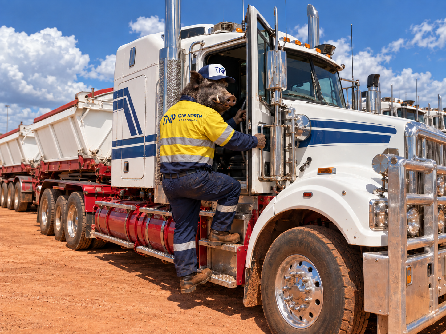 Worker climbing into white semi-truck with blue stripes and trailer on dirt lot under blue sky