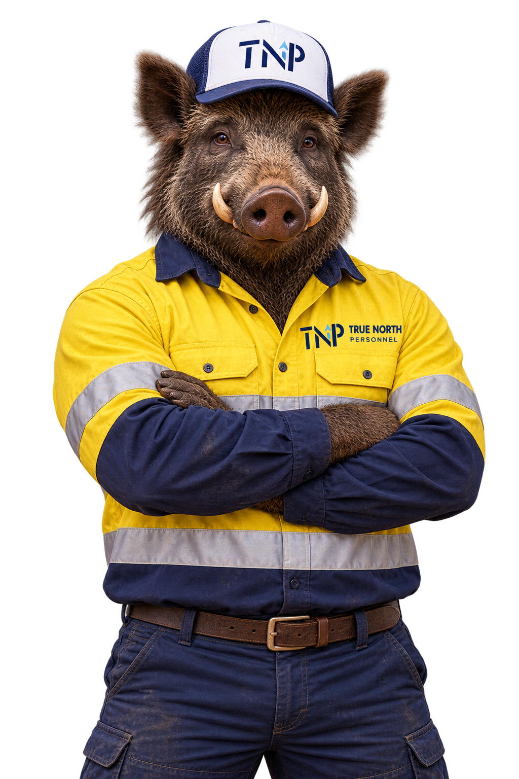 Person in a boar mask wearing a TNP hard hat and yellow safety jacket, arms crossed.