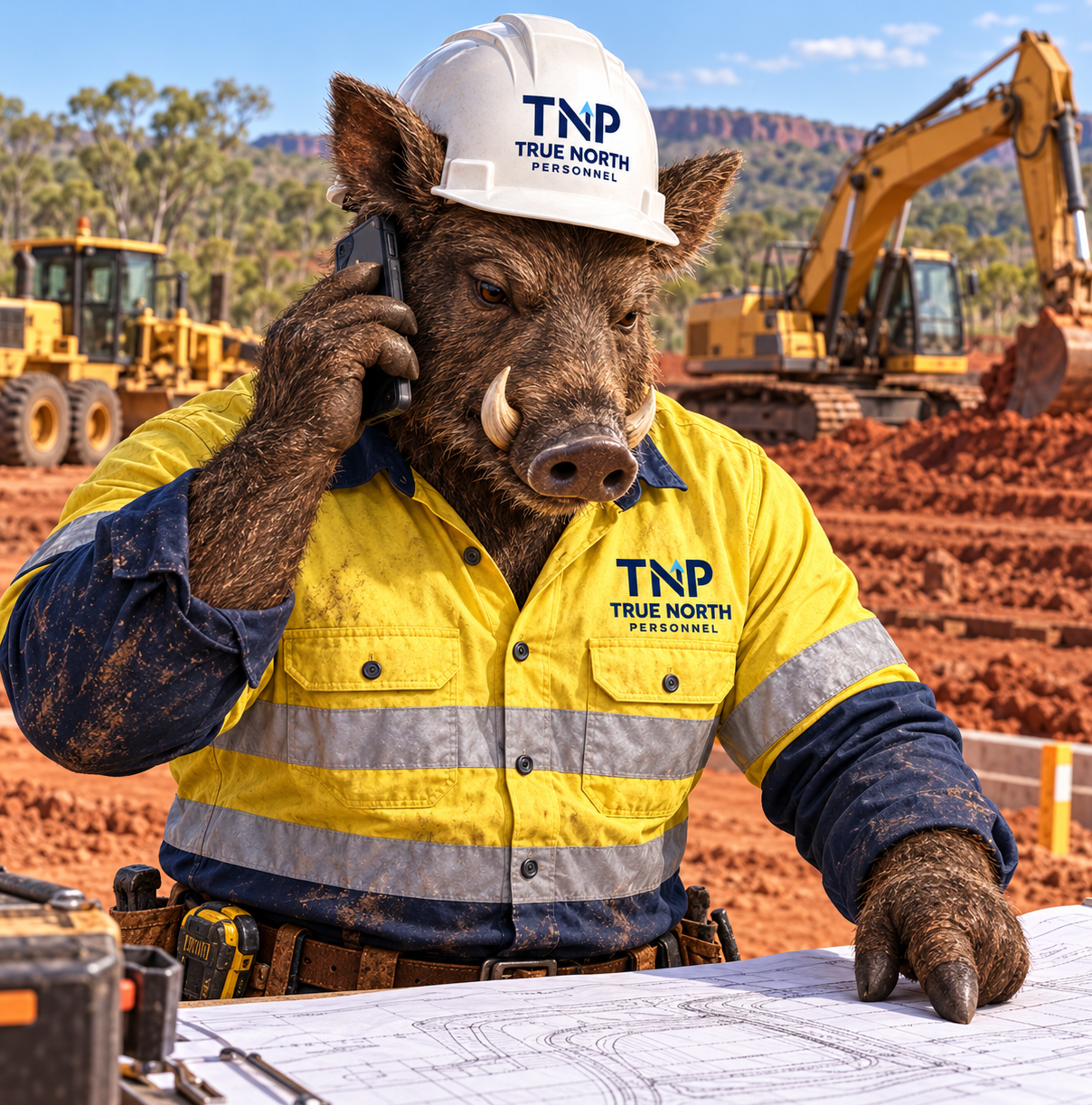 Pig mascot in hard hat and high-vis vest using a phone at a construction site