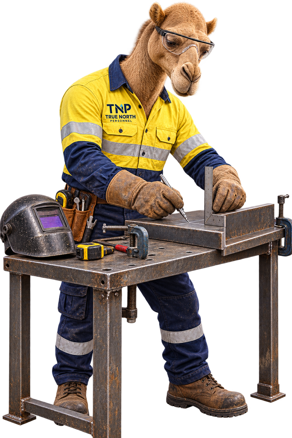 Anthropomorphic camel in yellow work shirt using a saw at a workbench with tools