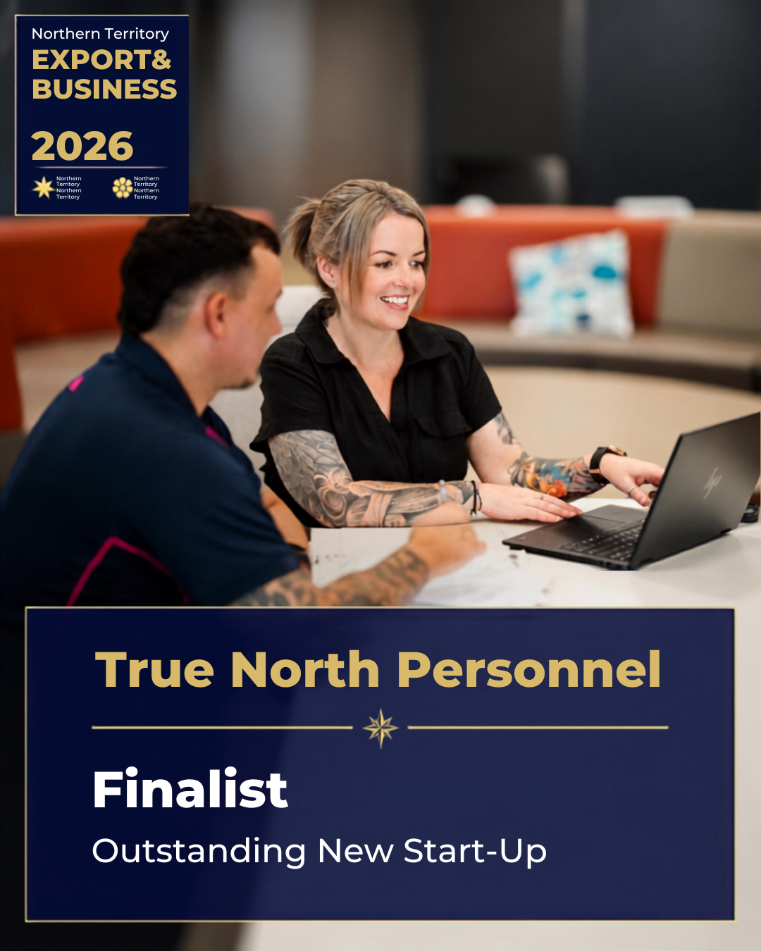 True North Personnel finalist badge over a photo of two people working on laptops in an office