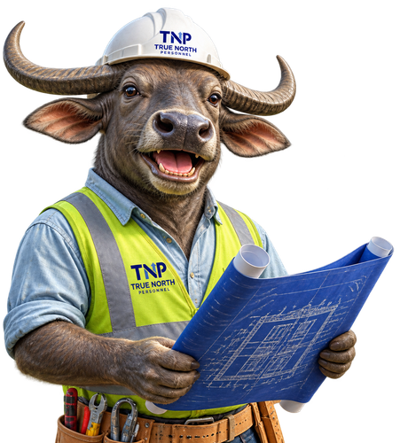 Smiling water buffalo in TNP safety vest and hard hat, holding blueprints and a ruler.
