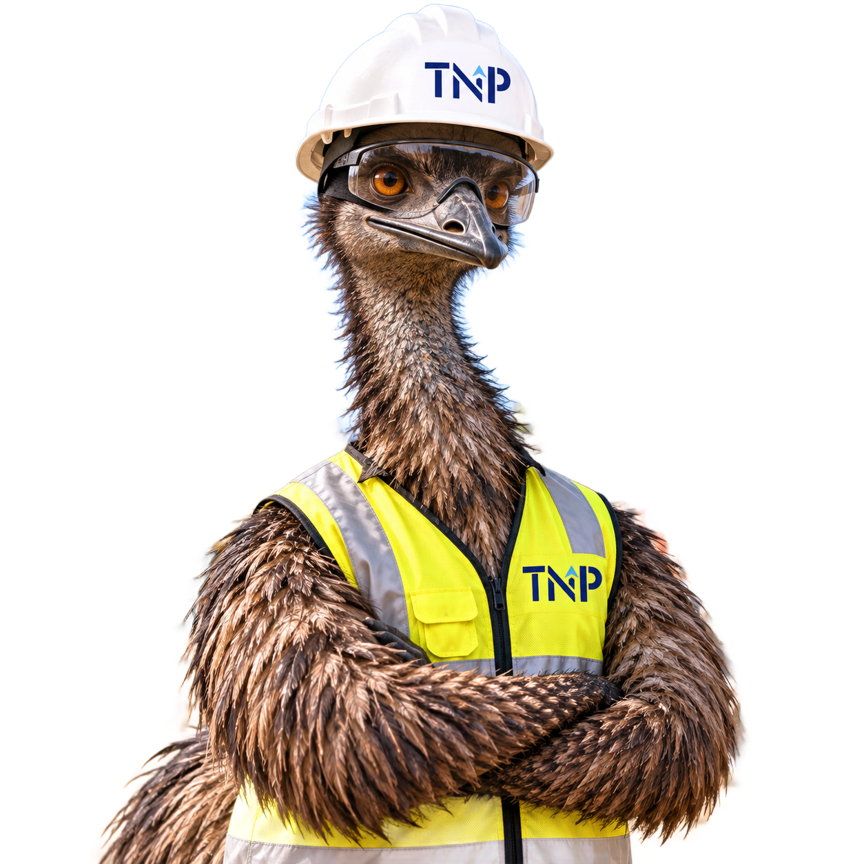 Ostrich in hard hat and yellow safety vest with arms crossed, wearing TNP logo
