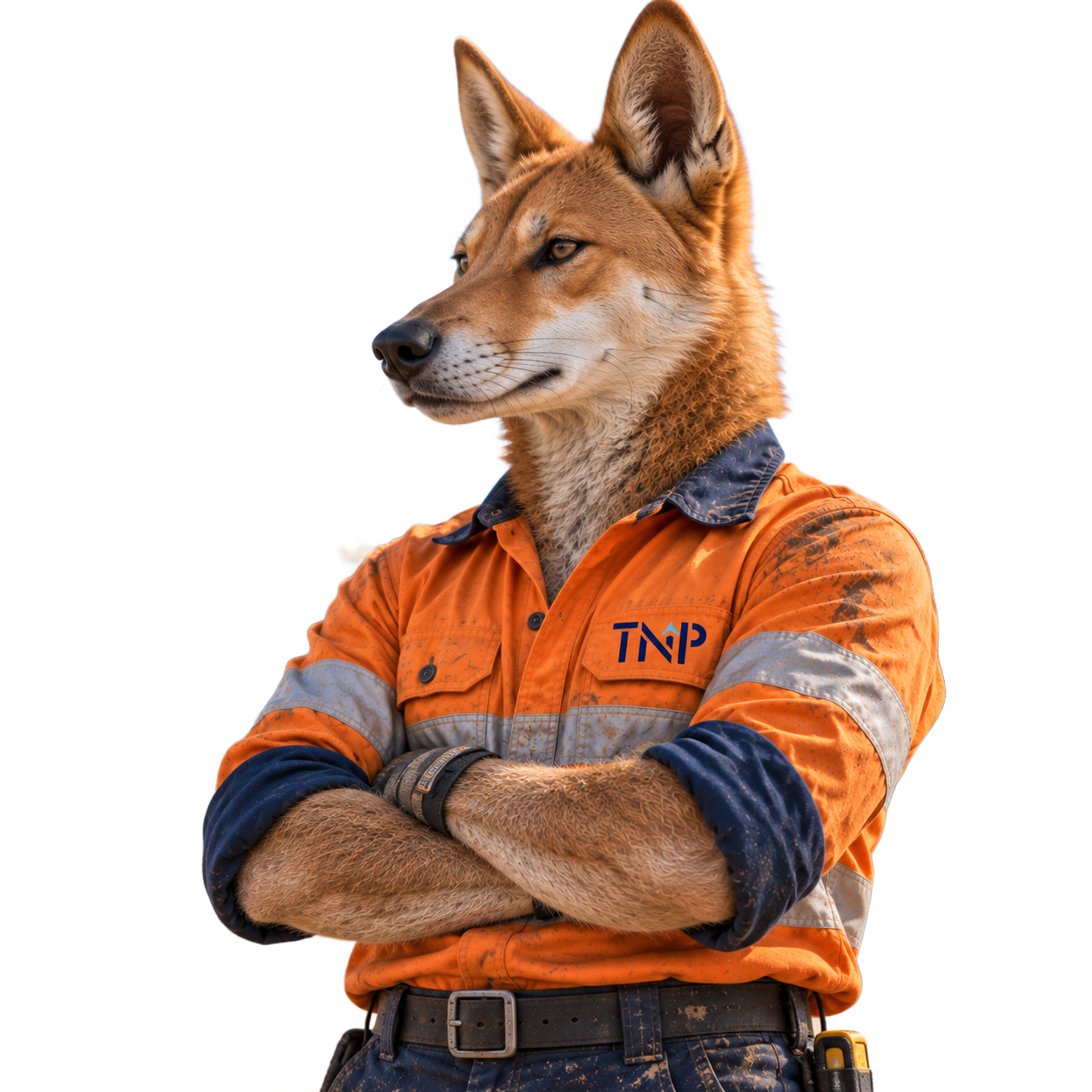 Fox in orange work shirt and reflective vest, standing with arms crossed on a white background