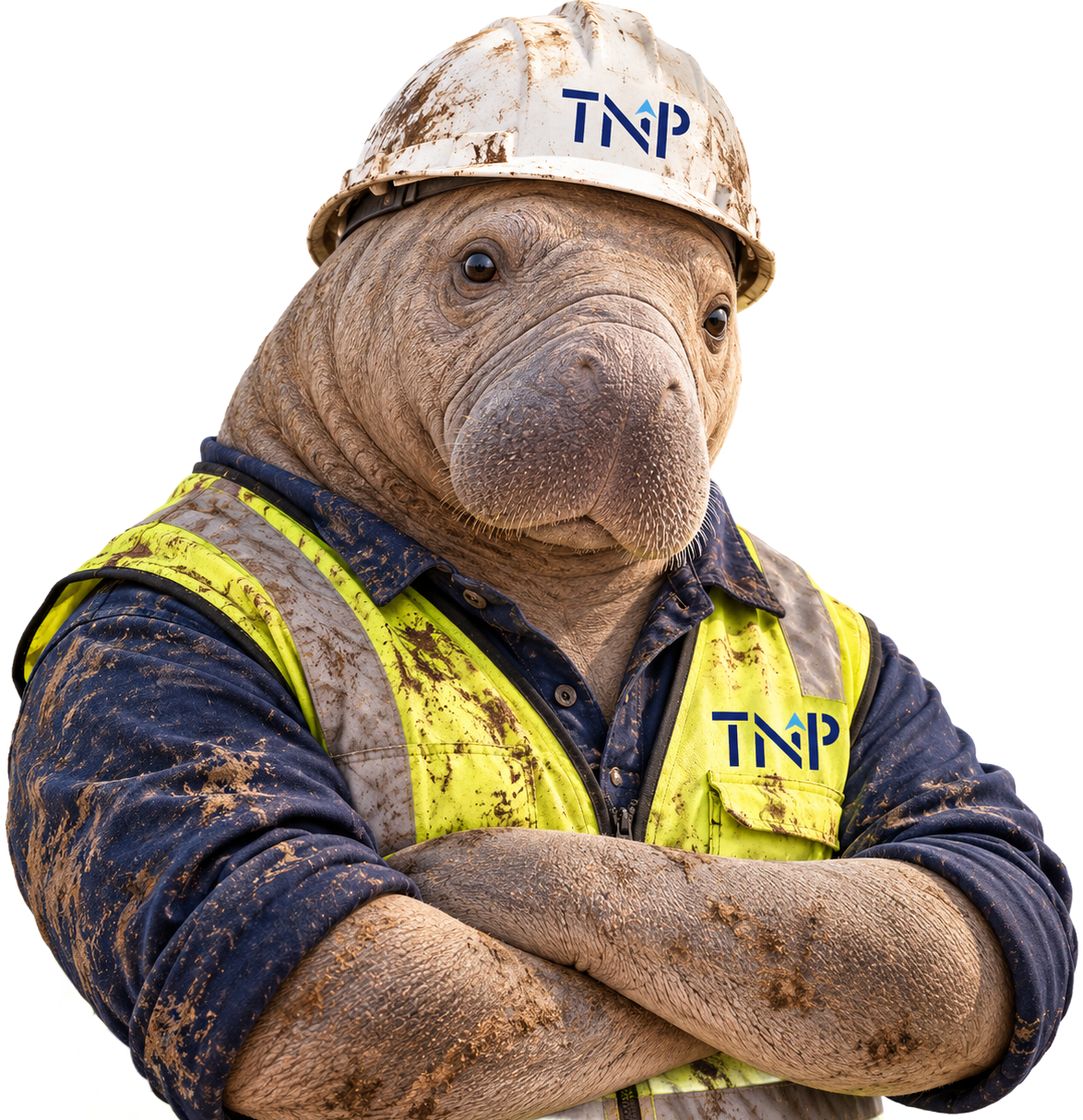 A manatee in a hard hat and yellow safety vest with arms crossed.