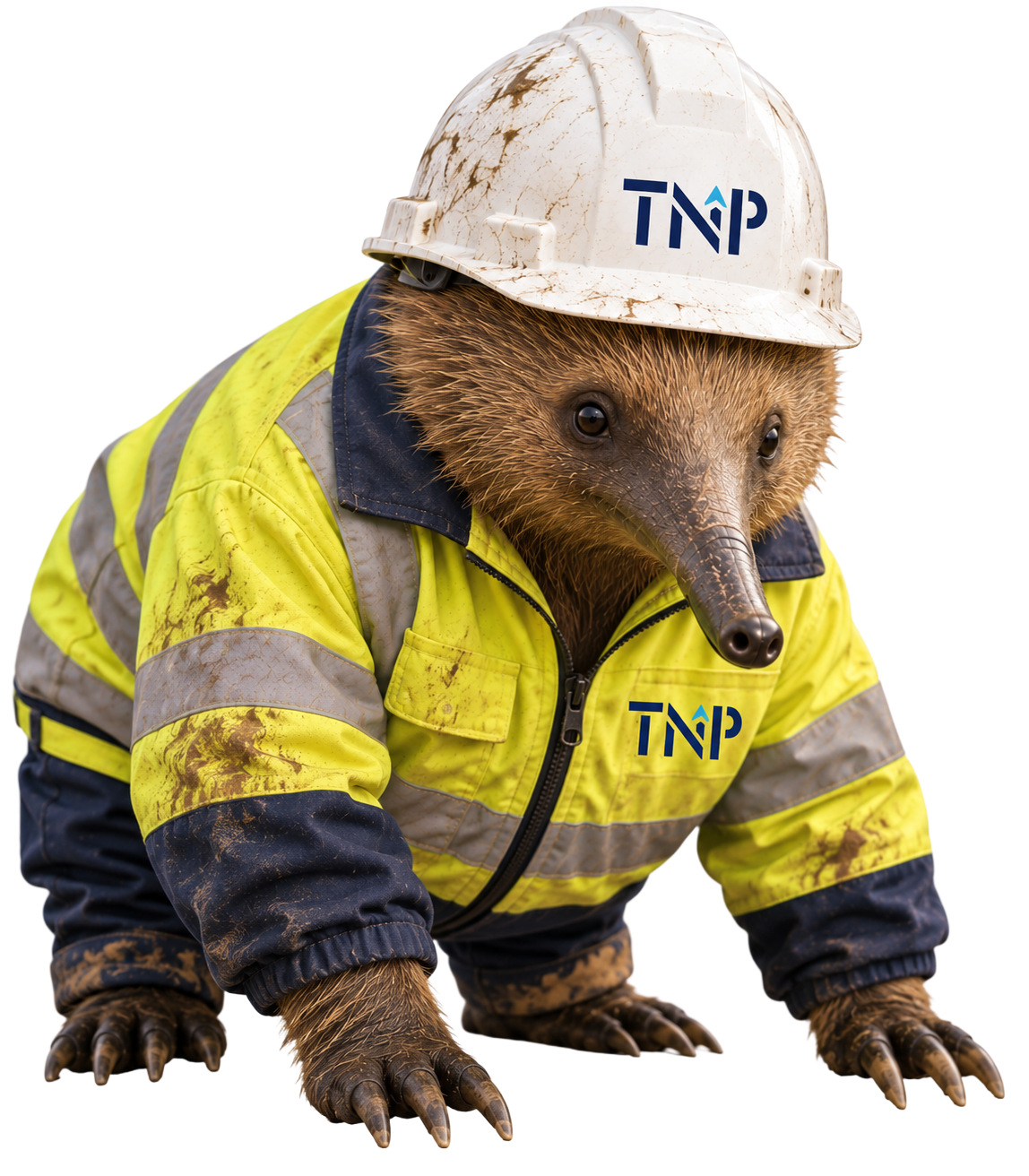A bear in a yellow safety jacket and white hard hat with TNP logo, posed like a construction worker.