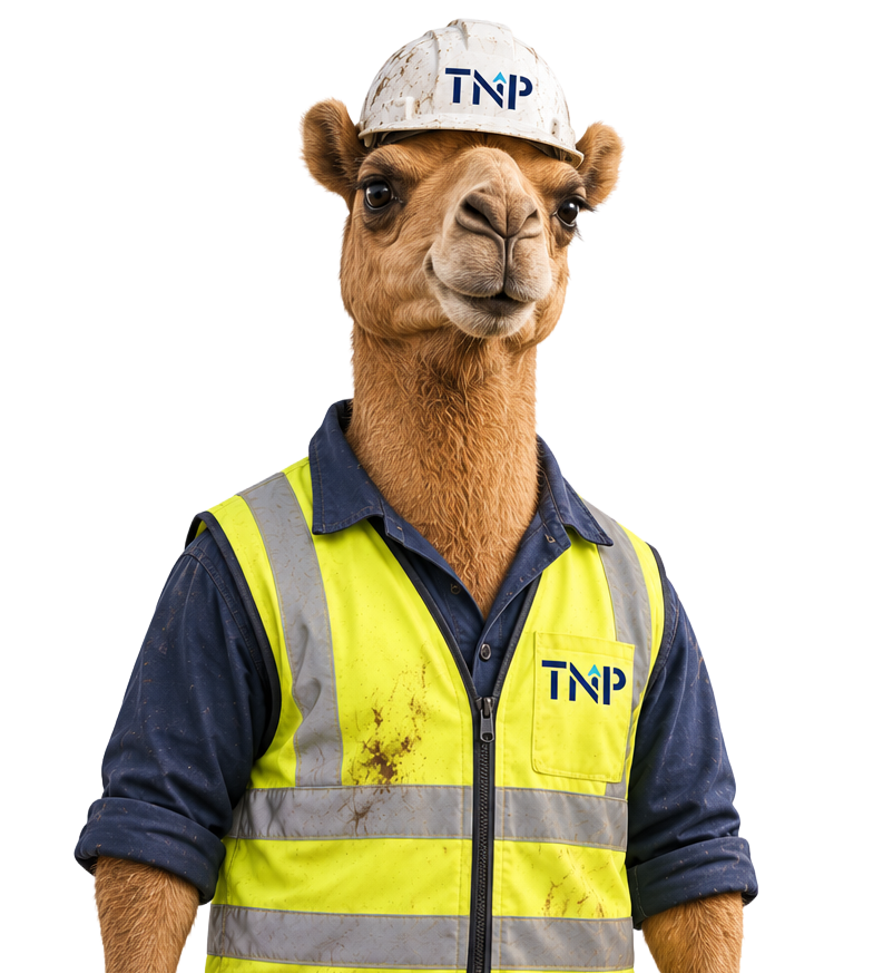 Camel wearing a hard hat and reflective safety vest, standing against a white background.