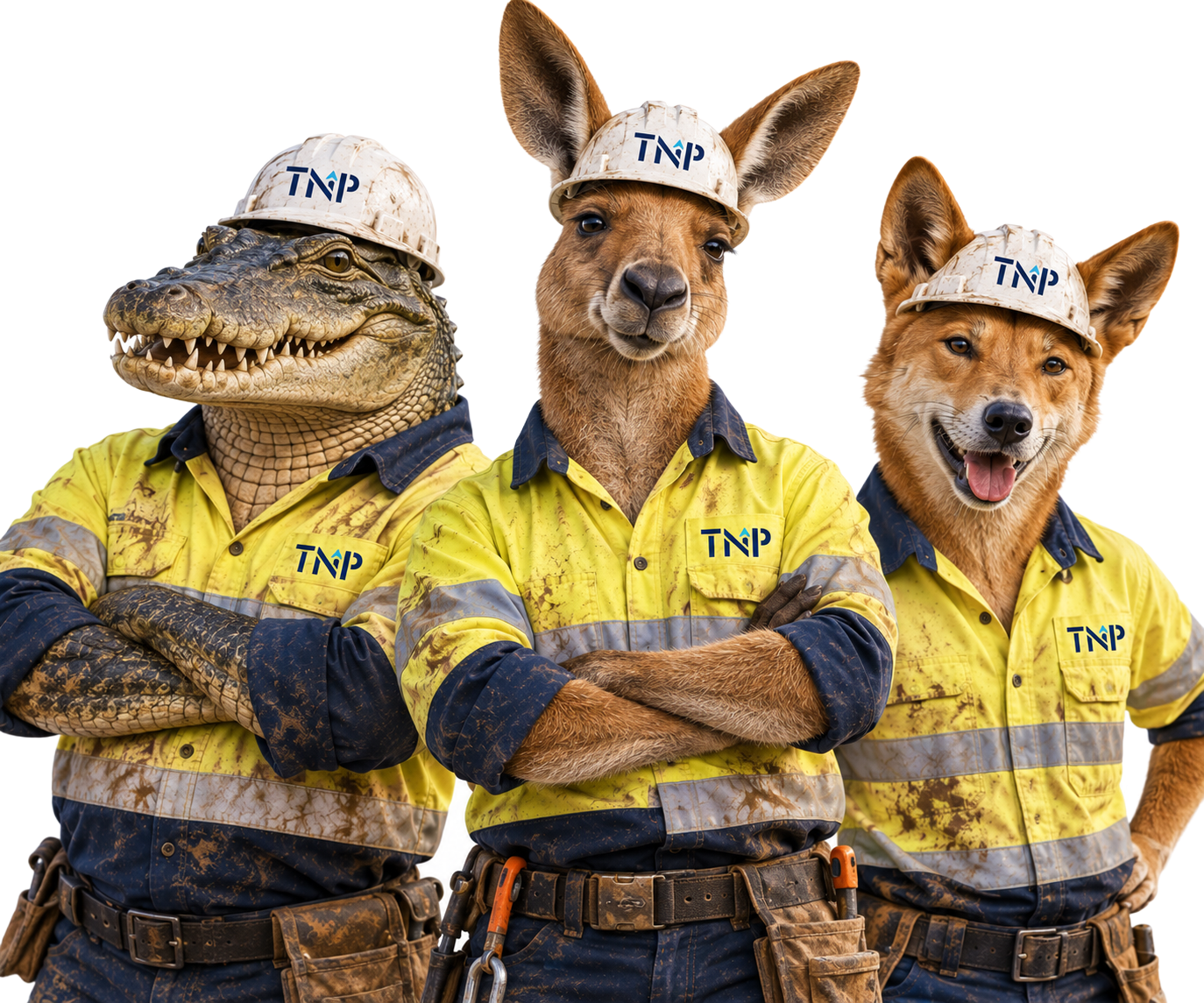Three animal workers in yellow TNP hard hats and jackets standing with arms crossed, one smiling.