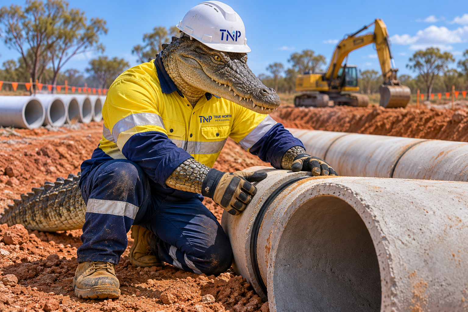 Worker in yellow safety gear inspecting large concrete pipes at a construction site