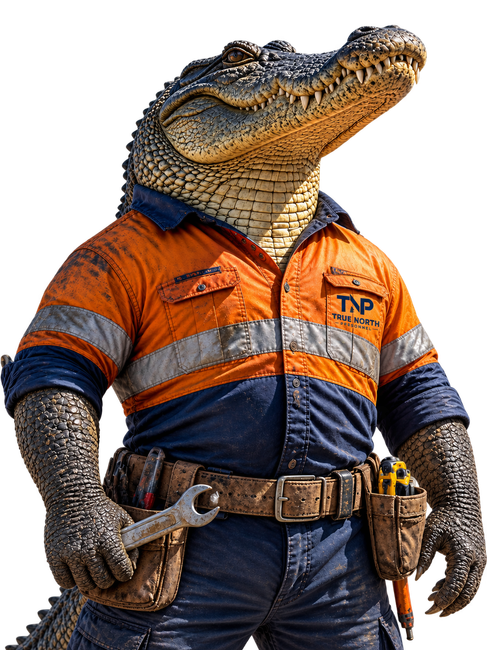 Alligator in orange and navy work uniform holding a wrench and tools at its belt
