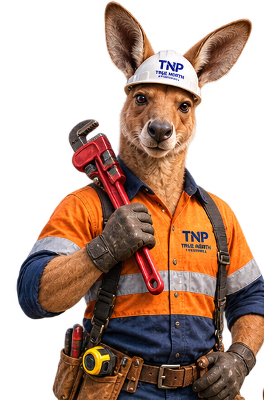 Kangaroo wearing a TNP hard hat and orange work shirt, holding a red pipe wrench.