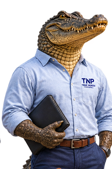 Crocodile-headed figure in a light blue shirt holding a black folder and wearing navy pants and a brown belt