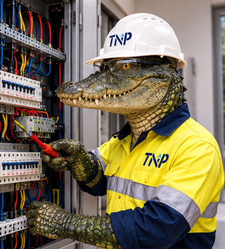 Crocodile technician in hard hat inspecting electrical panel in utility room