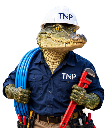 Crocodile in hard hat and blue work shirt holding tools, standing like a construction worker