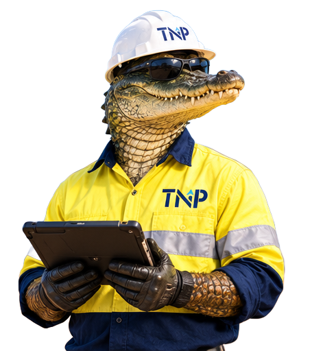 Alligator in TNP hard hat and yellow safety vest holding a tablet