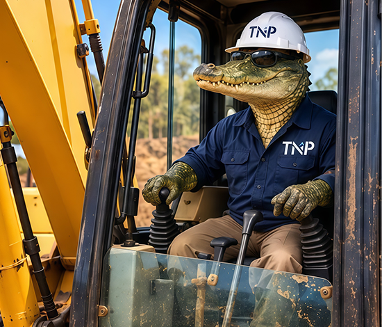 Alligator in a TNP hard hat and work shirt sits in a yellow excavator cab