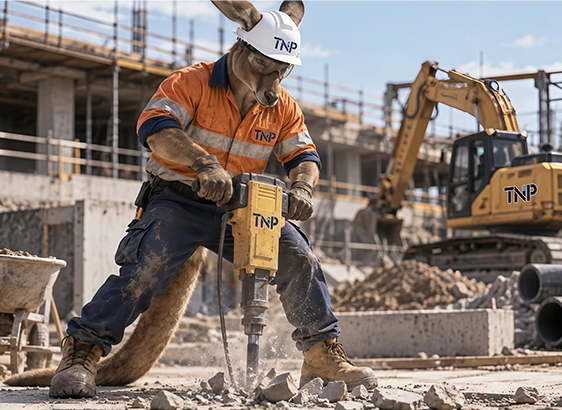 Construction worker using a jackhammer amid rubble at a building site, with excavators in the background
