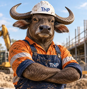 Water buffalo wearing a TNP hard hat and orange work shirt at a construction site, standing with folded arms