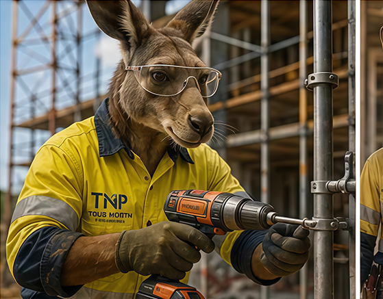 Kangaroo-like worker in yellow safety shirt using a drill at a construction site