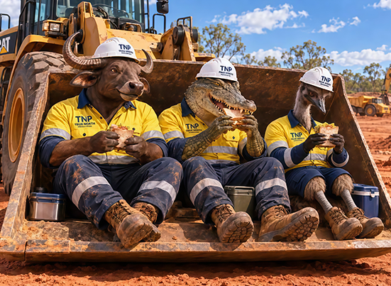 Three construction workers in yellow safety gear sit on a bulldozer bucket at a dirt worksite.