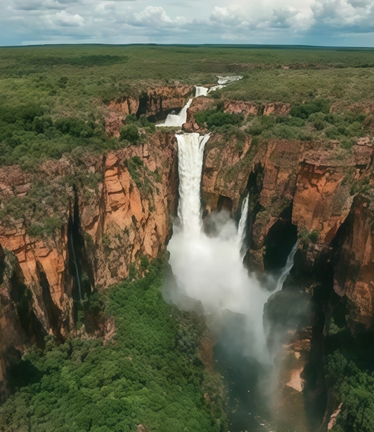 A tall waterfall drops through a red-rock canyon into a misty gorge surrounded by dense green forest.