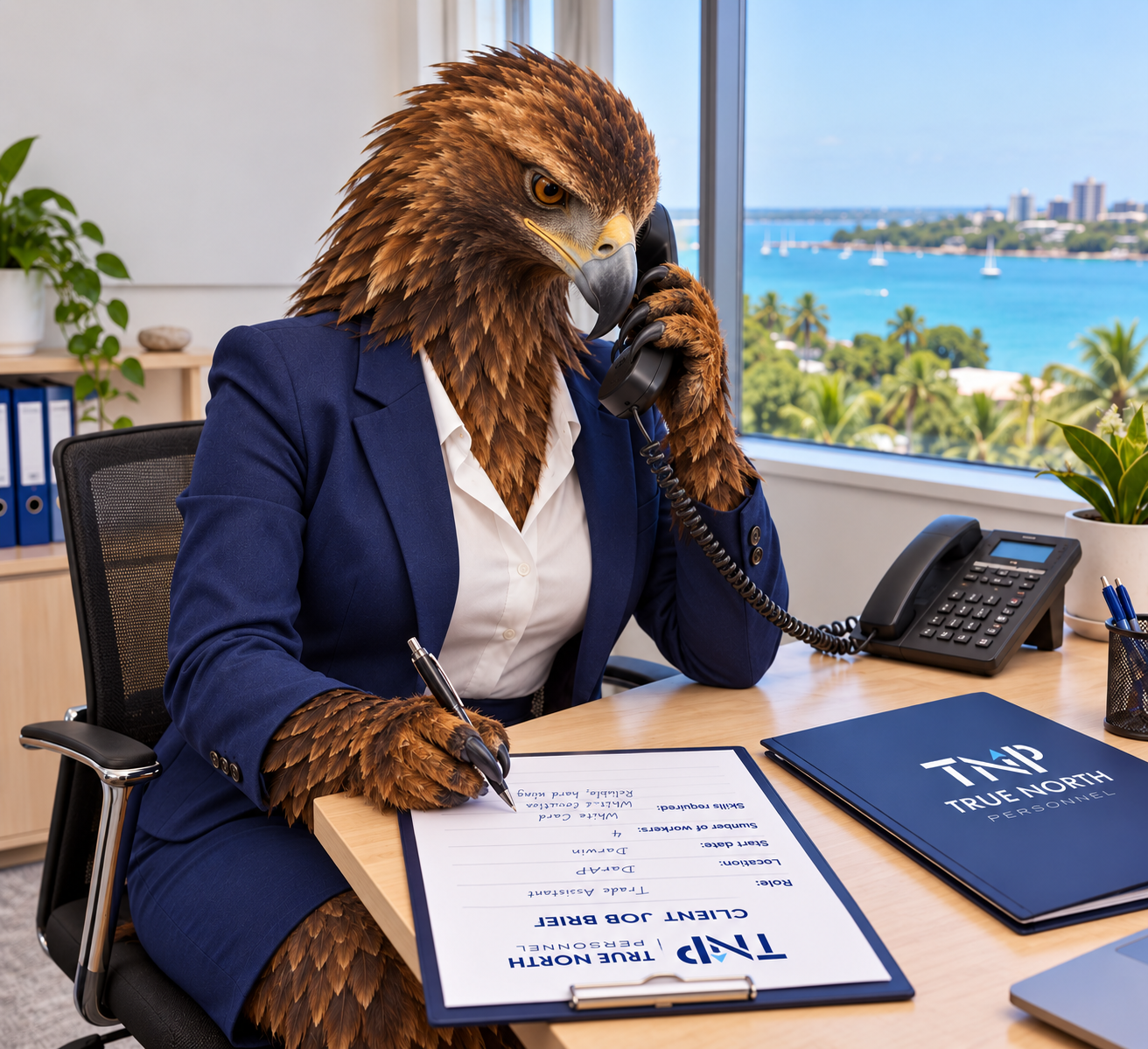 Eagle in a navy suit on the phone at an office desk with a contract and city view behind.