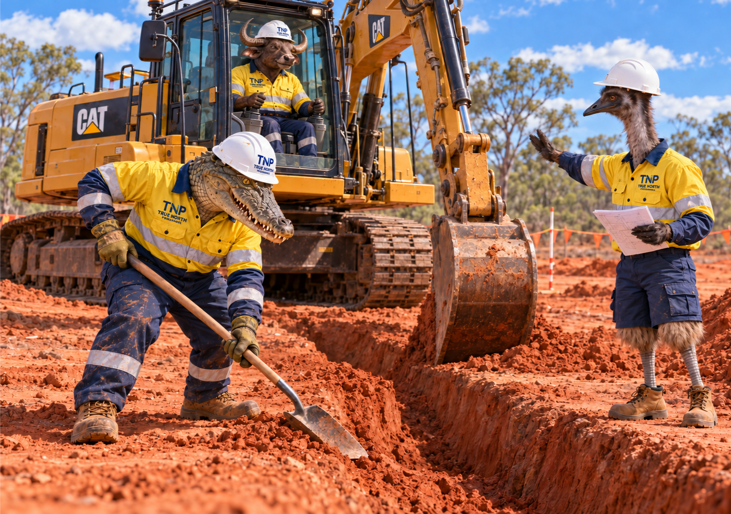 Construction workers in yellow shirts grading red soil beside a bulldozer at a dirt worksite