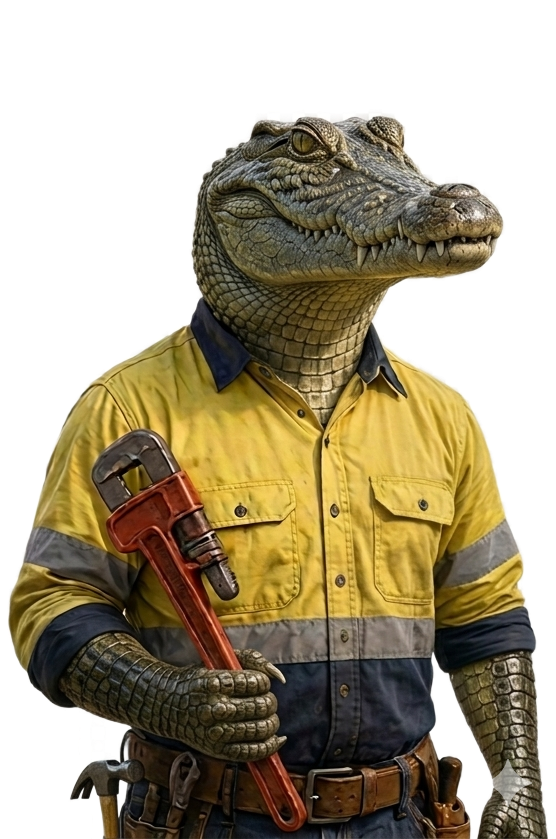 Cartoon alligator in a yellow work shirt holding a large wrench, standing against a white background